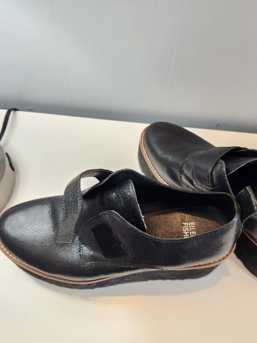 Eileen Fisher Black Leather Platform Slip-On Shoes Loafers - Picture 5 of 11